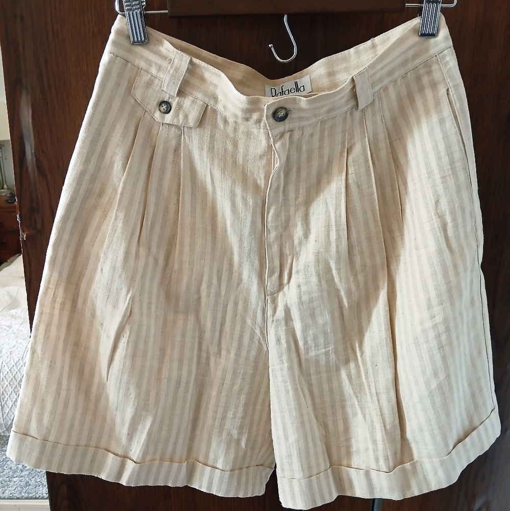 RAFAELLA Women's LINEN Beige Striped BEACHY Cotton PLEATED Summer SHORTS Size 12